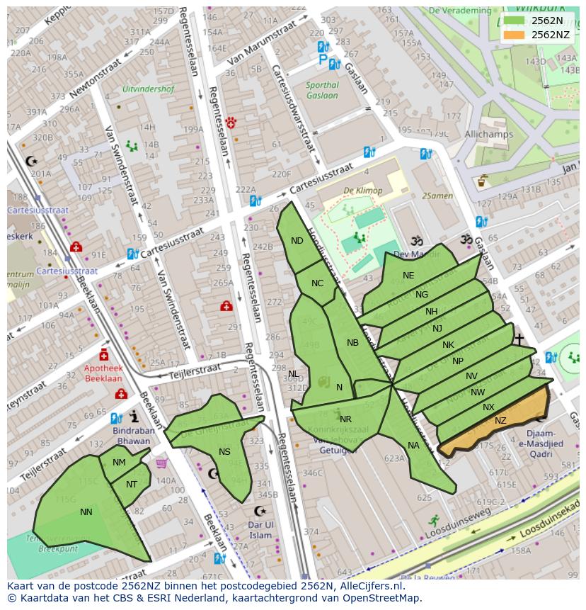 Afbeelding van het postcodegebied 2562 NZ op de kaart.