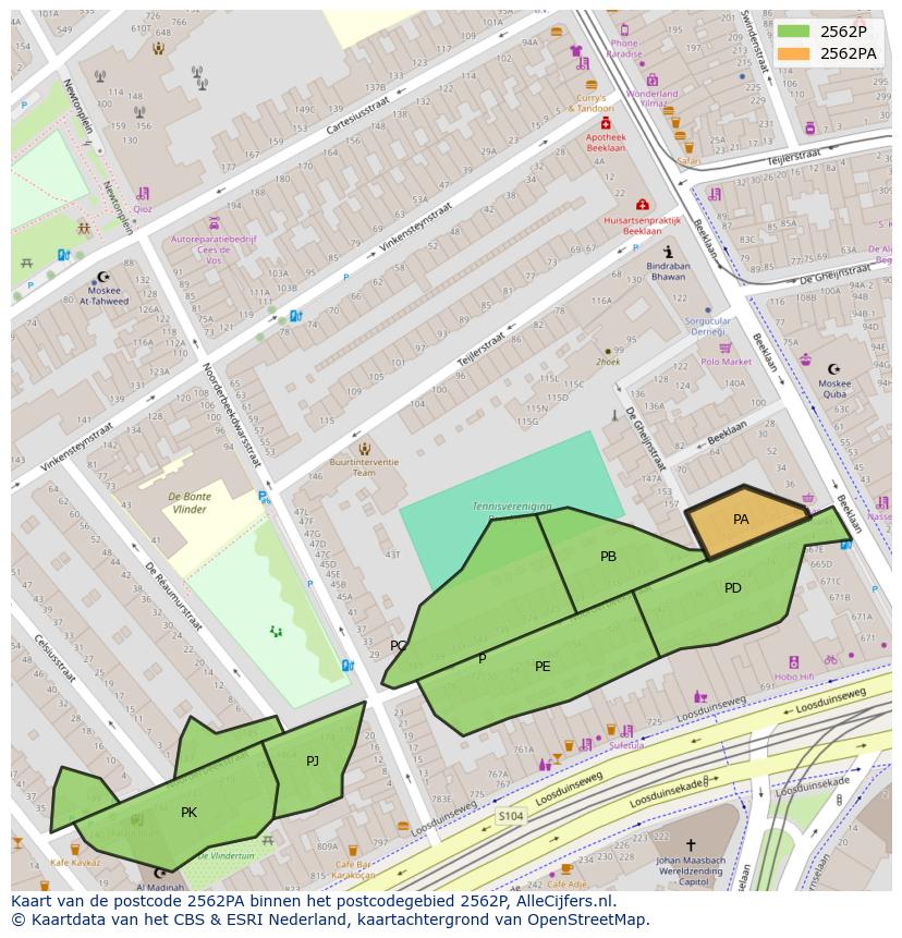 Afbeelding van het postcodegebied 2562 PA op de kaart.