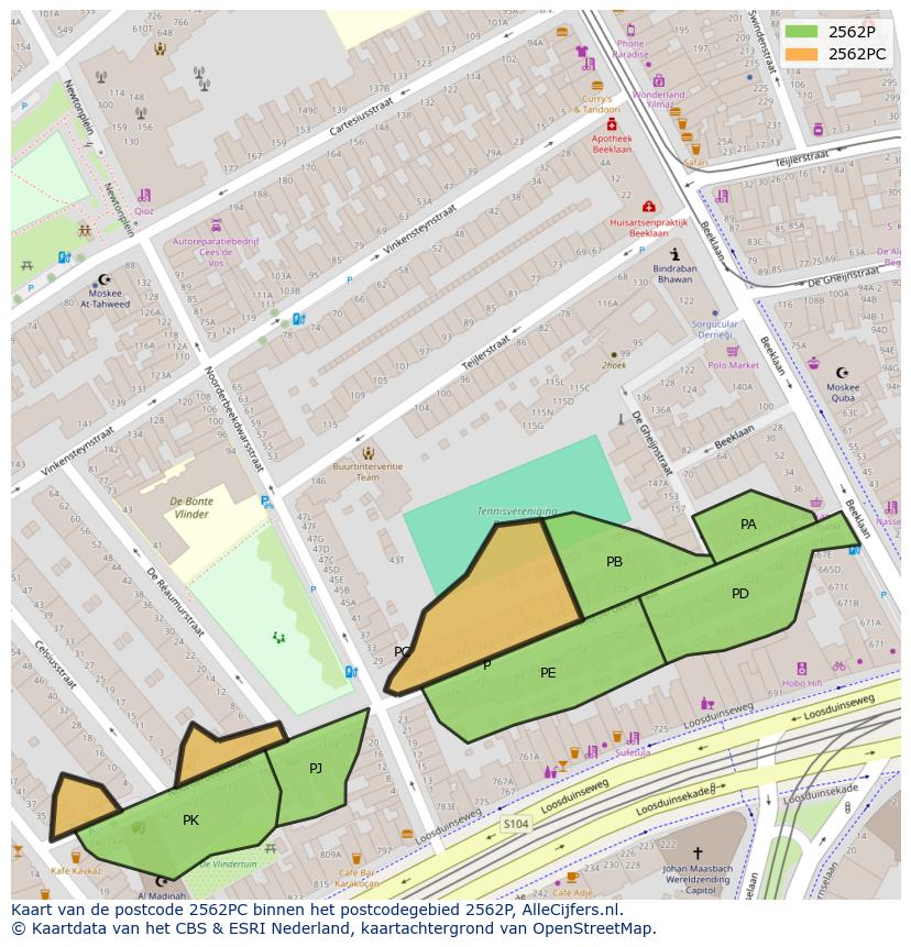 Afbeelding van het postcodegebied 2562 PC op de kaart.