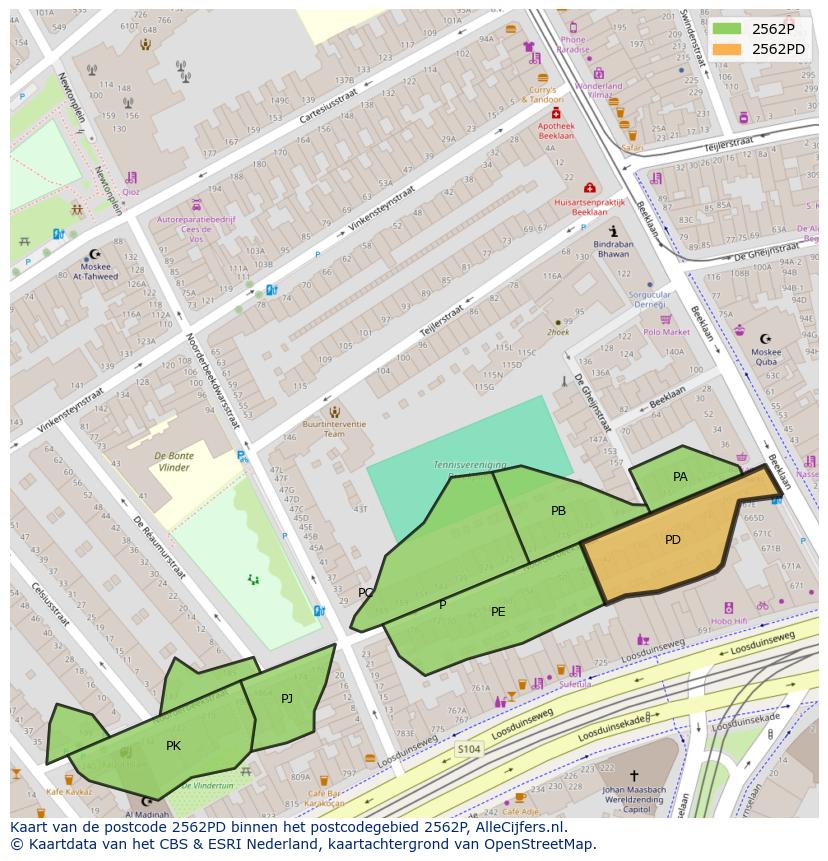 Afbeelding van het postcodegebied 2562 PD op de kaart.