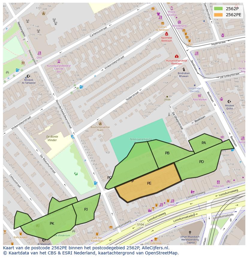 Afbeelding van het postcodegebied 2562 PE op de kaart.