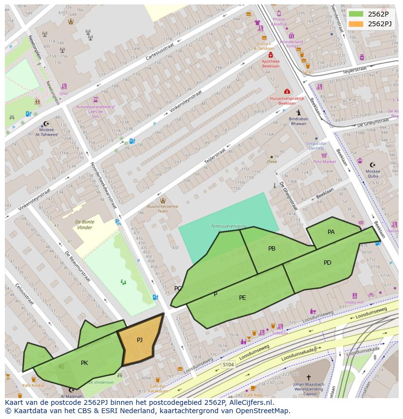 Afbeelding van het postcodegebied 2562 PJ op de kaart.