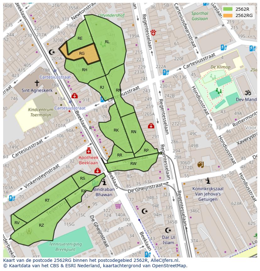 Afbeelding van het postcodegebied 2562 RG op de kaart.