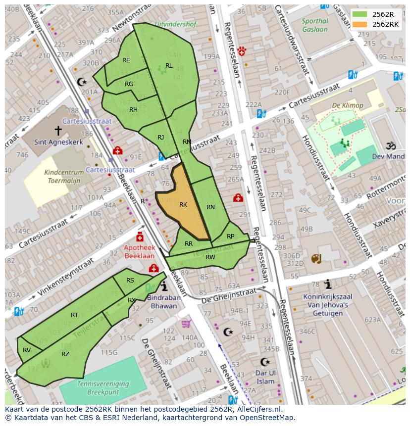 Afbeelding van het postcodegebied 2562 RK op de kaart.