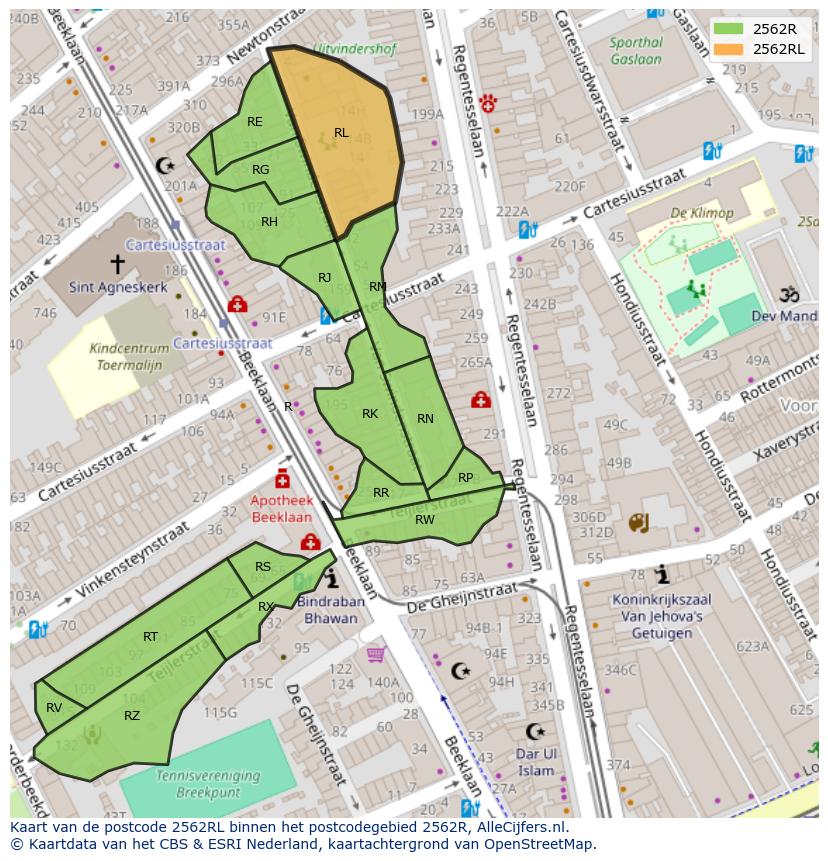 Afbeelding van het postcodegebied 2562 RL op de kaart.