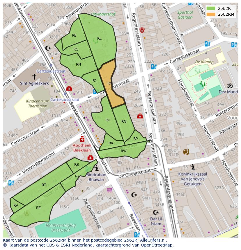 Afbeelding van het postcodegebied 2562 RM op de kaart.