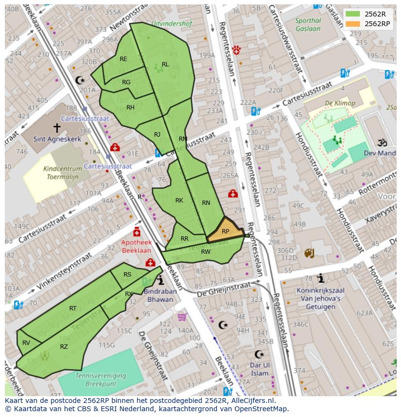 Afbeelding van het postcodegebied 2562 RP op de kaart.