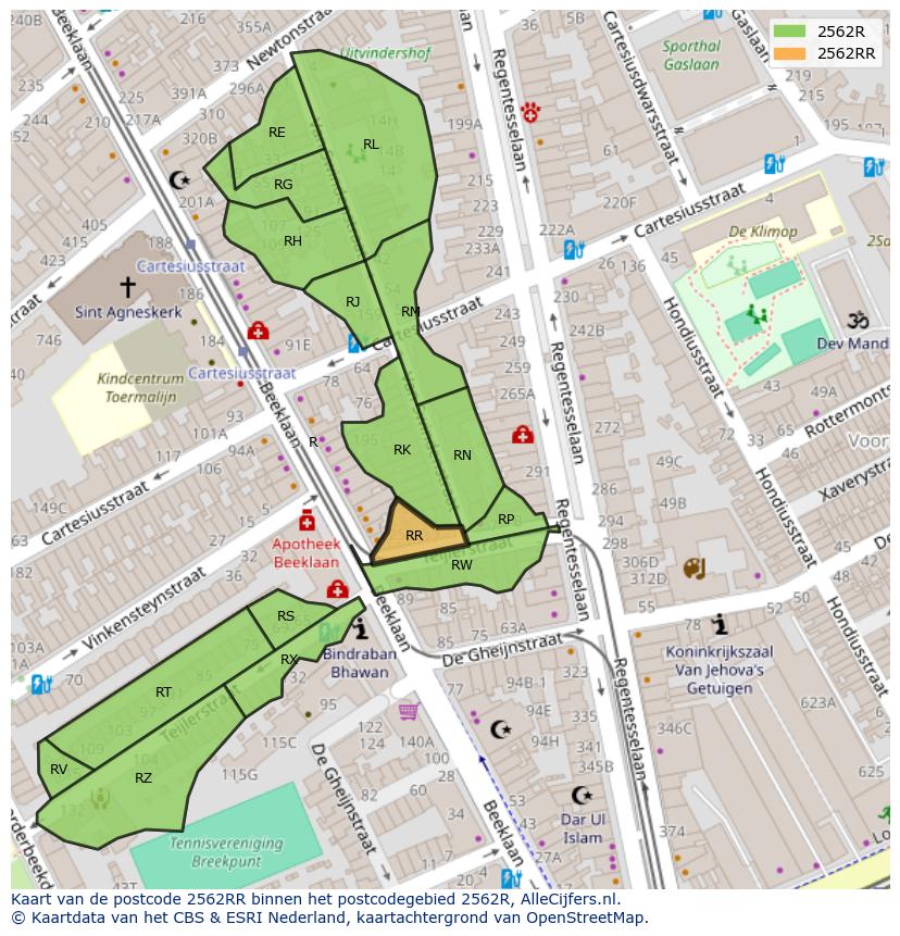 Afbeelding van het postcodegebied 2562 RR op de kaart.