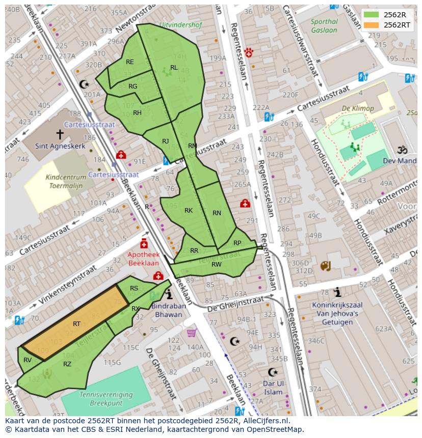 Afbeelding van het postcodegebied 2562 RT op de kaart.