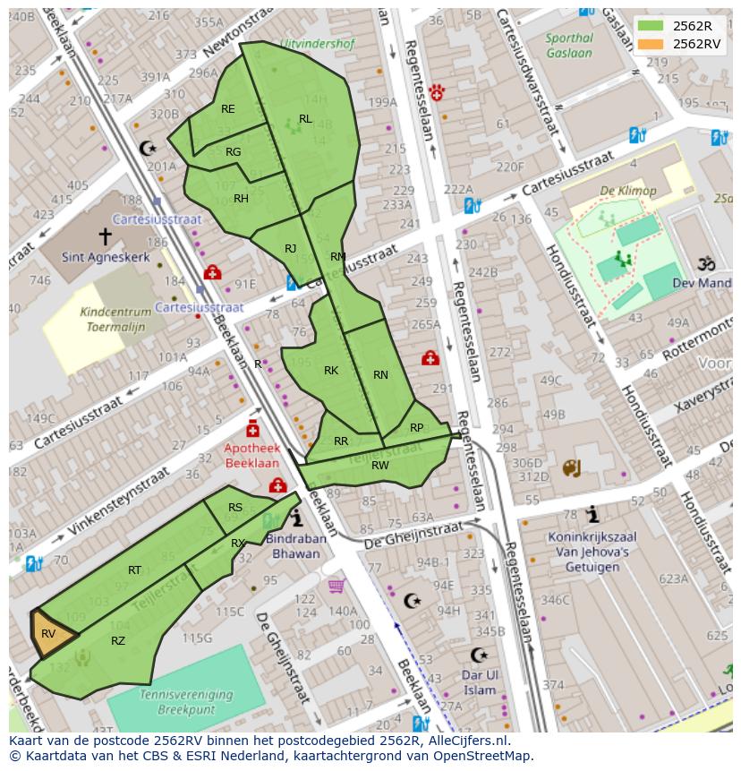 Afbeelding van het postcodegebied 2562 RV op de kaart.