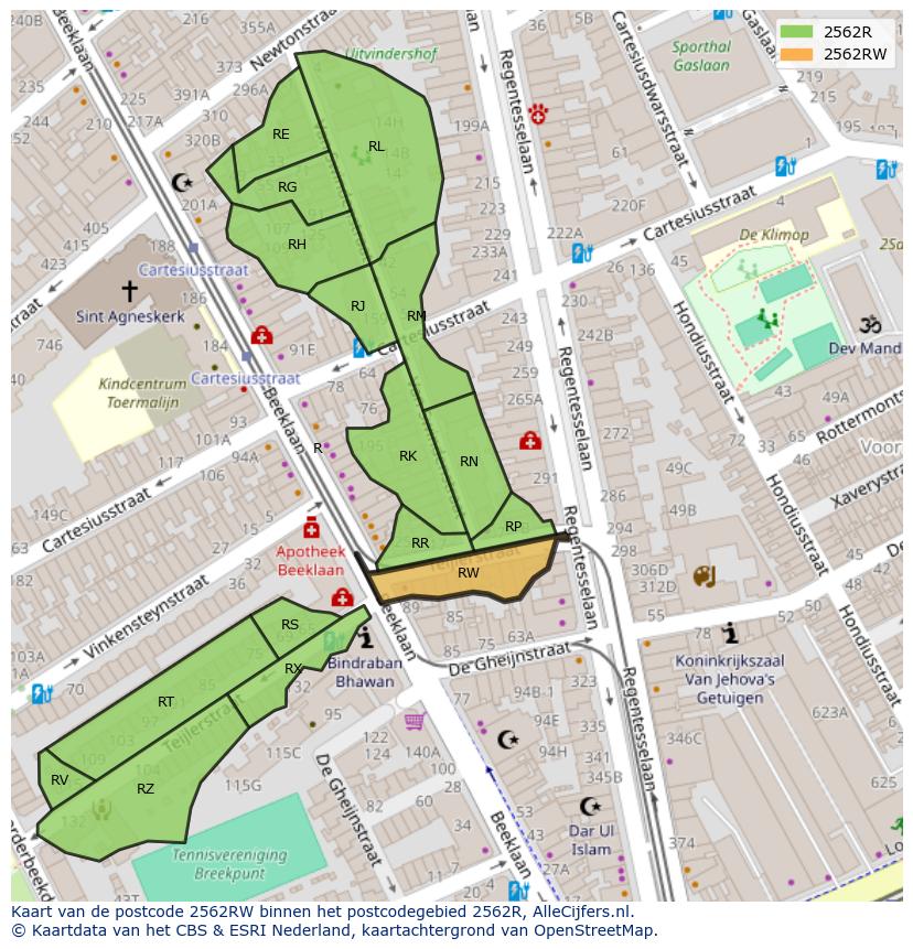 Afbeelding van het postcodegebied 2562 RW op de kaart.