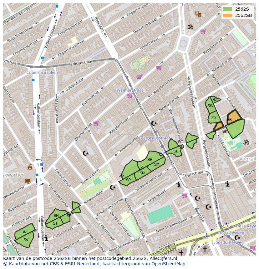 Afbeelding van het postcodegebied 2562 SB op de kaart.