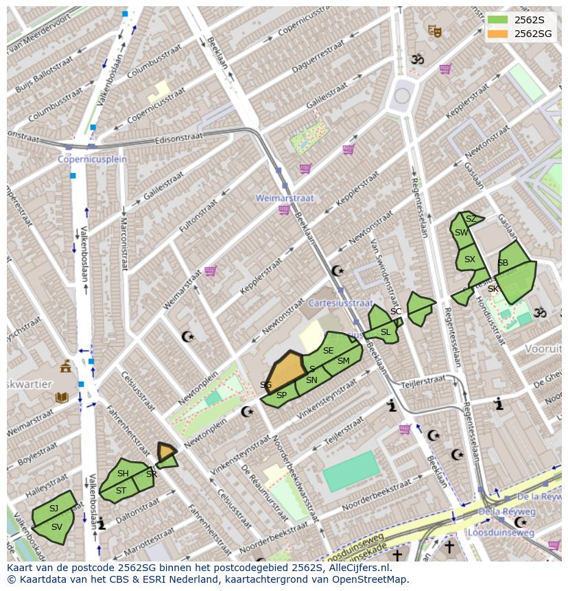 Afbeelding van het postcodegebied 2562 SG op de kaart.