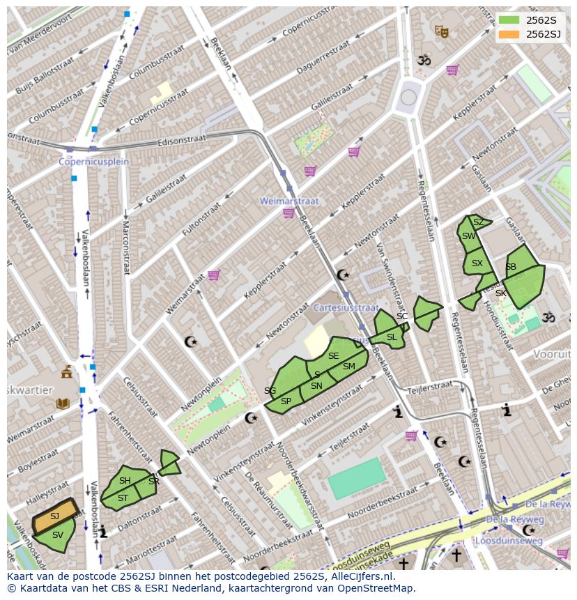 Afbeelding van het postcodegebied 2562 SJ op de kaart.