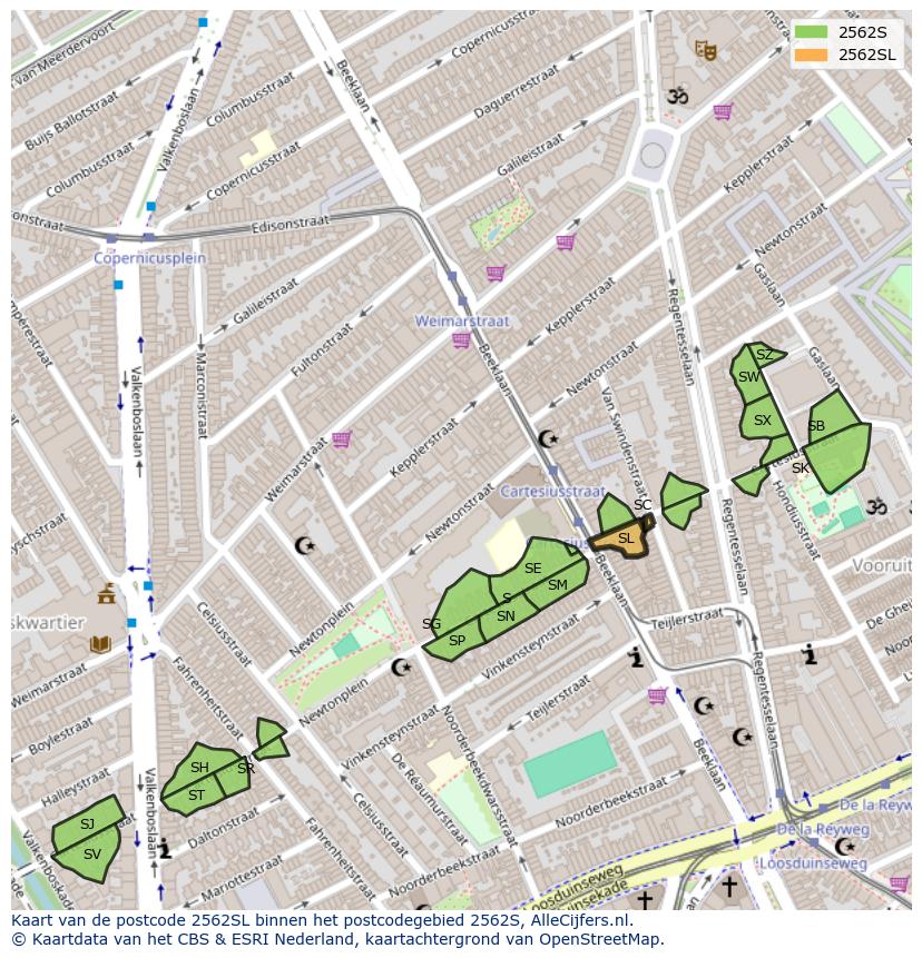 Afbeelding van het postcodegebied 2562 SL op de kaart.