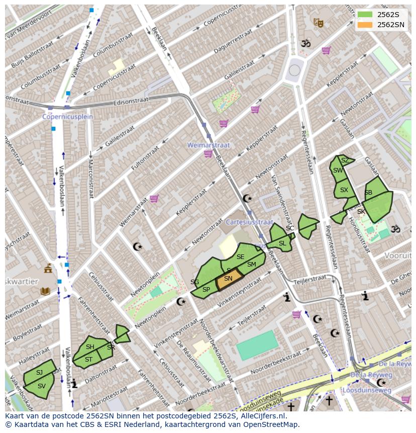 Afbeelding van het postcodegebied 2562 SN op de kaart.