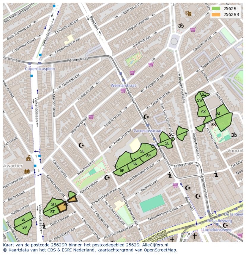 Afbeelding van het postcodegebied 2562 SR op de kaart.