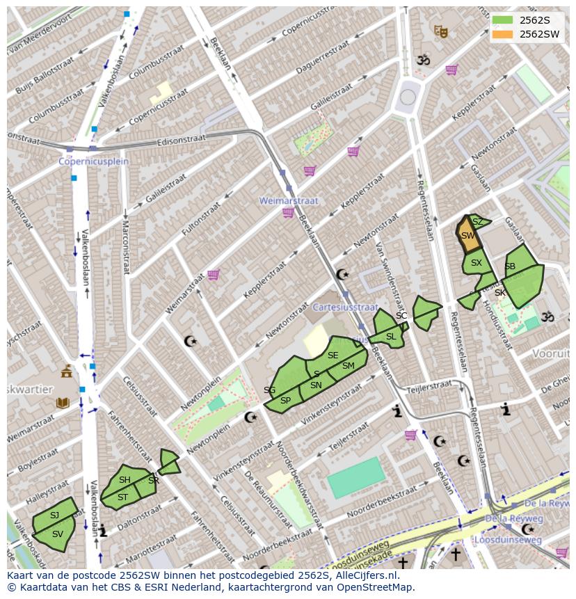 Afbeelding van het postcodegebied 2562 SW op de kaart.