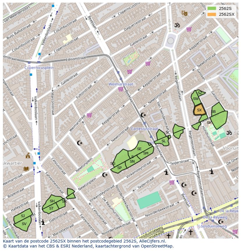 Afbeelding van het postcodegebied 2562 SX op de kaart.