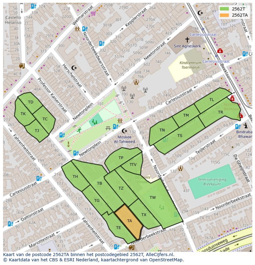 Afbeelding van het postcodegebied 2562 TA op de kaart.