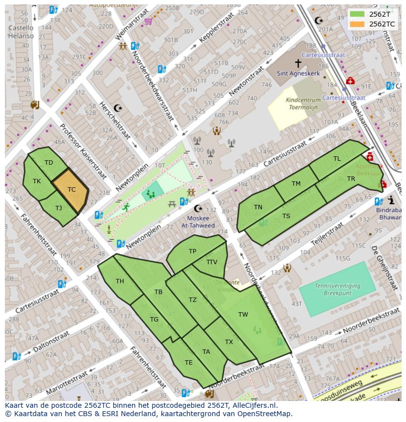 Afbeelding van het postcodegebied 2562 TC op de kaart.
