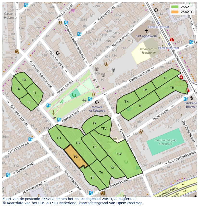 Afbeelding van het postcodegebied 2562 TG op de kaart.