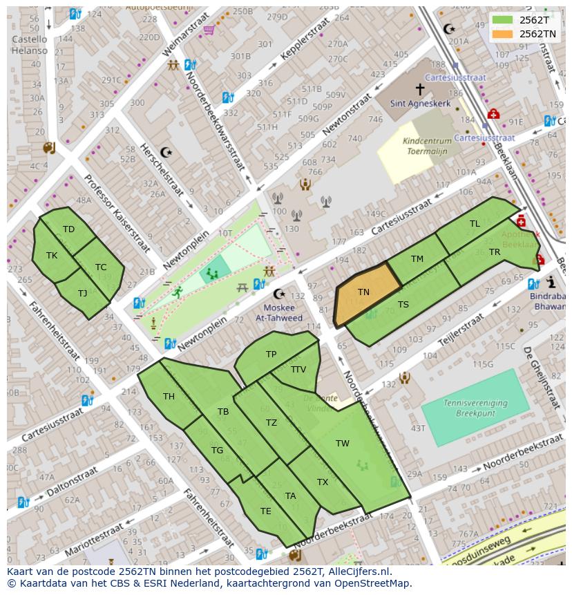 Afbeelding van het postcodegebied 2562 TN op de kaart.