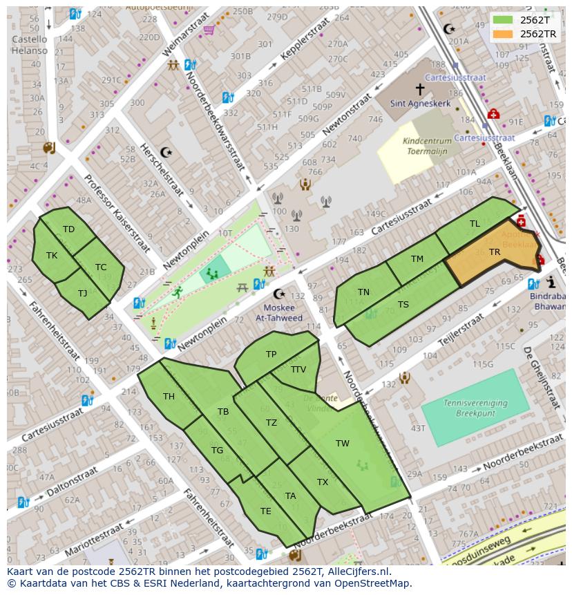 Afbeelding van het postcodegebied 2562 TR op de kaart.