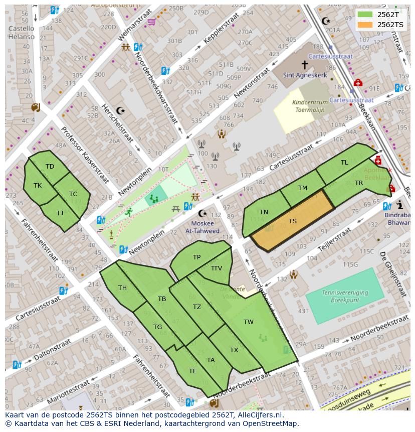 Afbeelding van het postcodegebied 2562 TS op de kaart.