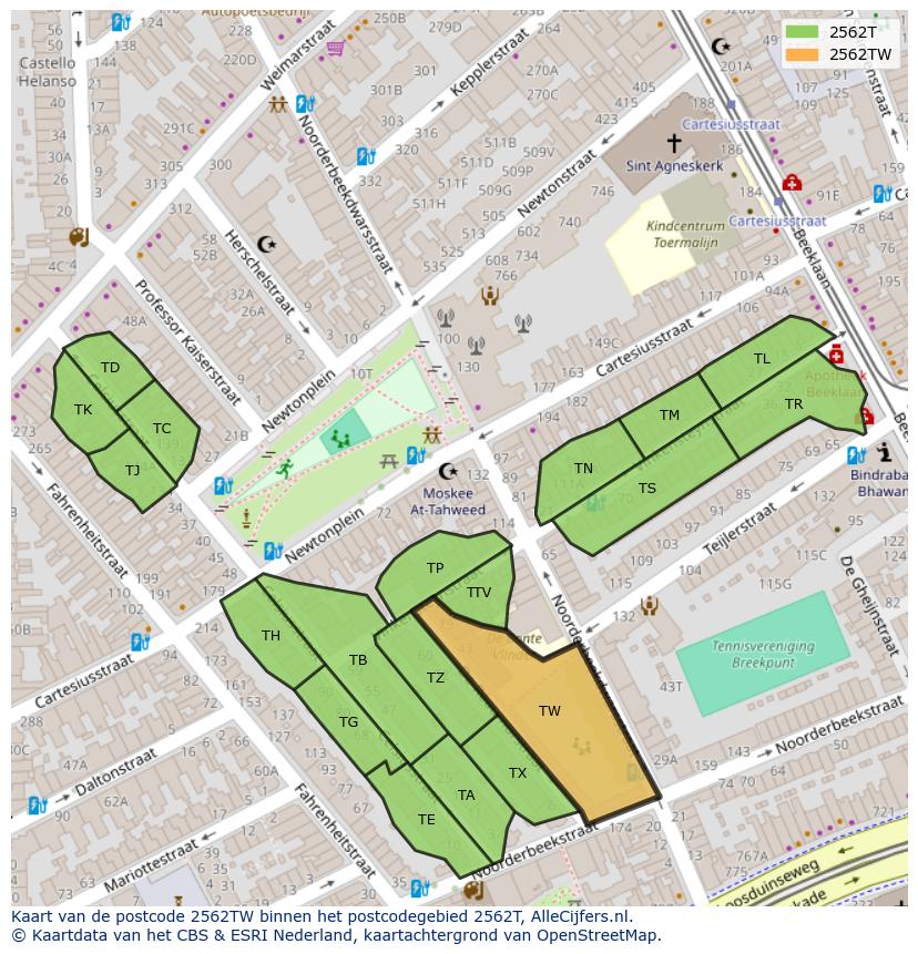 Afbeelding van het postcodegebied 2562 TW op de kaart.