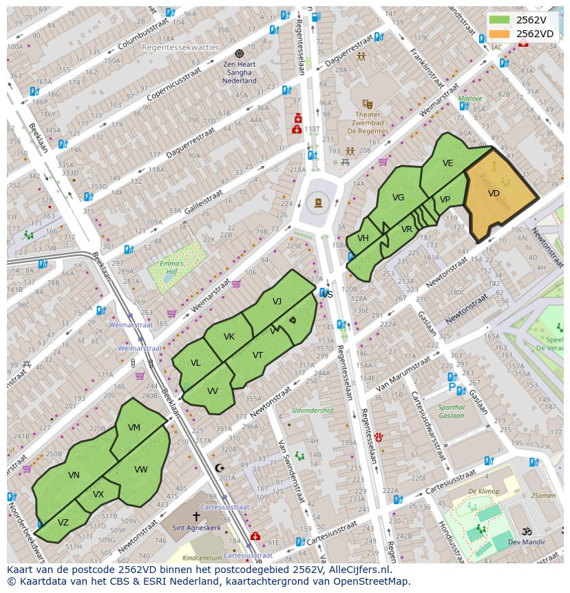 Afbeelding van het postcodegebied 2562 VD op de kaart.