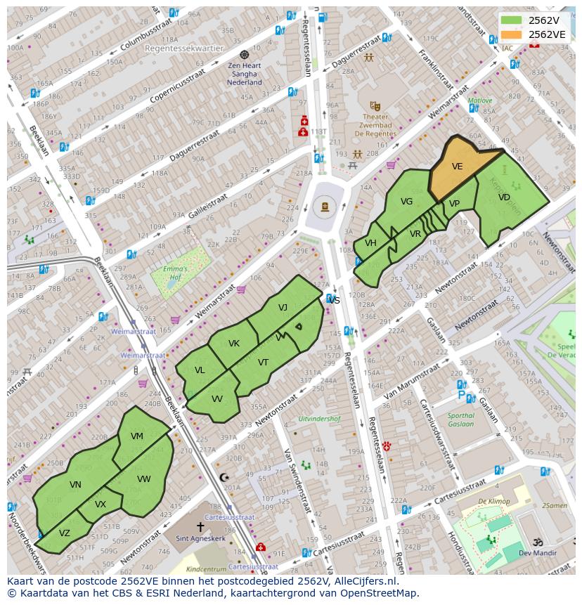 Afbeelding van het postcodegebied 2562 VE op de kaart.