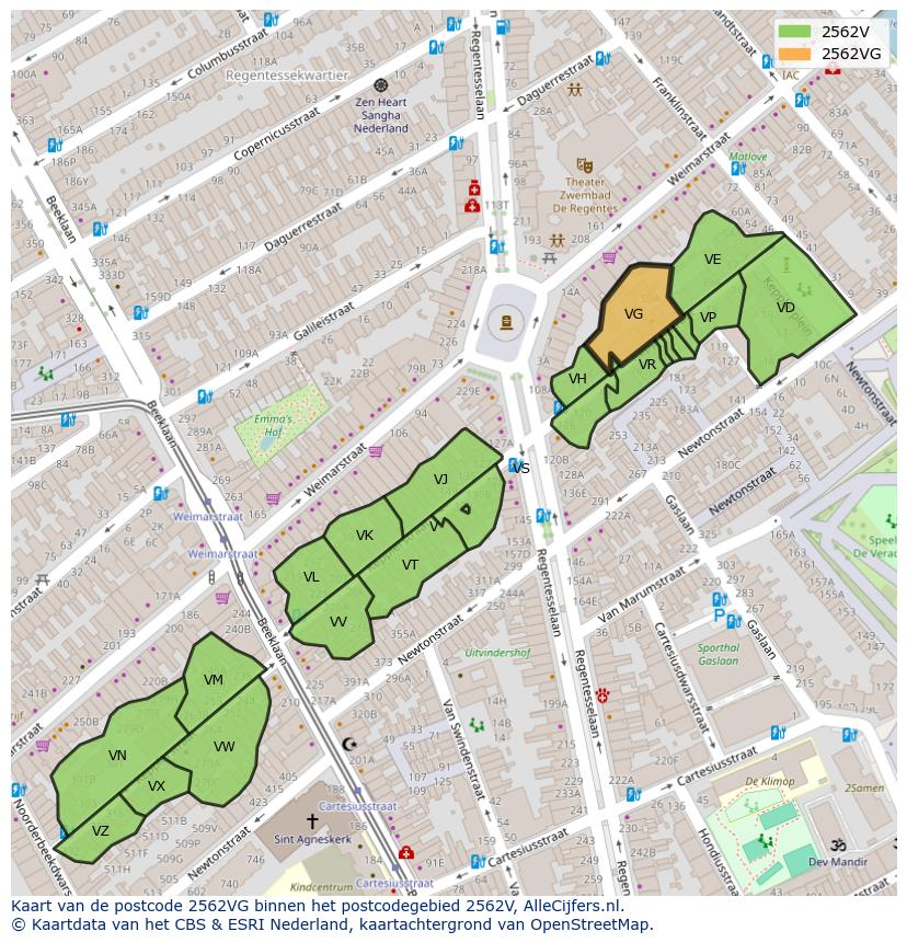 Afbeelding van het postcodegebied 2562 VG op de kaart.