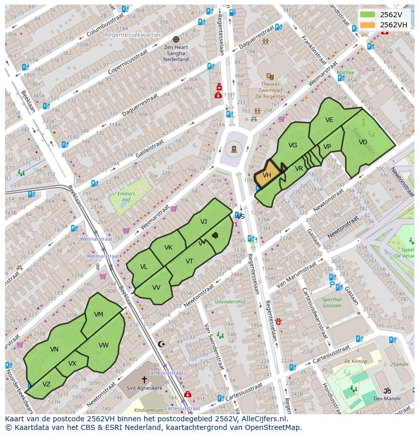 Afbeelding van het postcodegebied 2562 VH op de kaart.