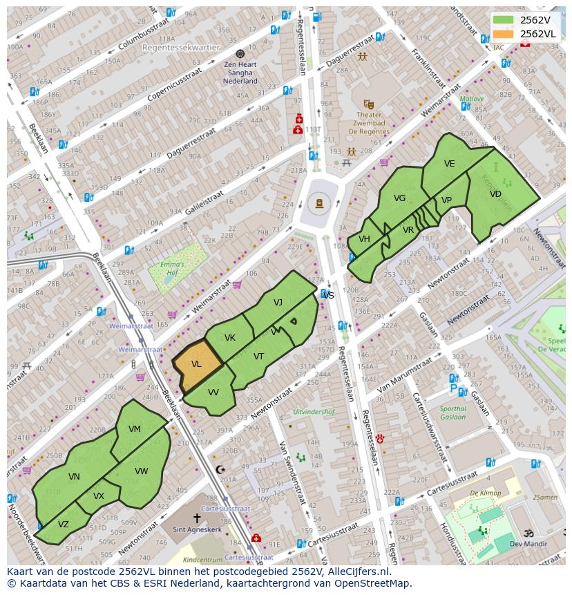 Afbeelding van het postcodegebied 2562 VL op de kaart.