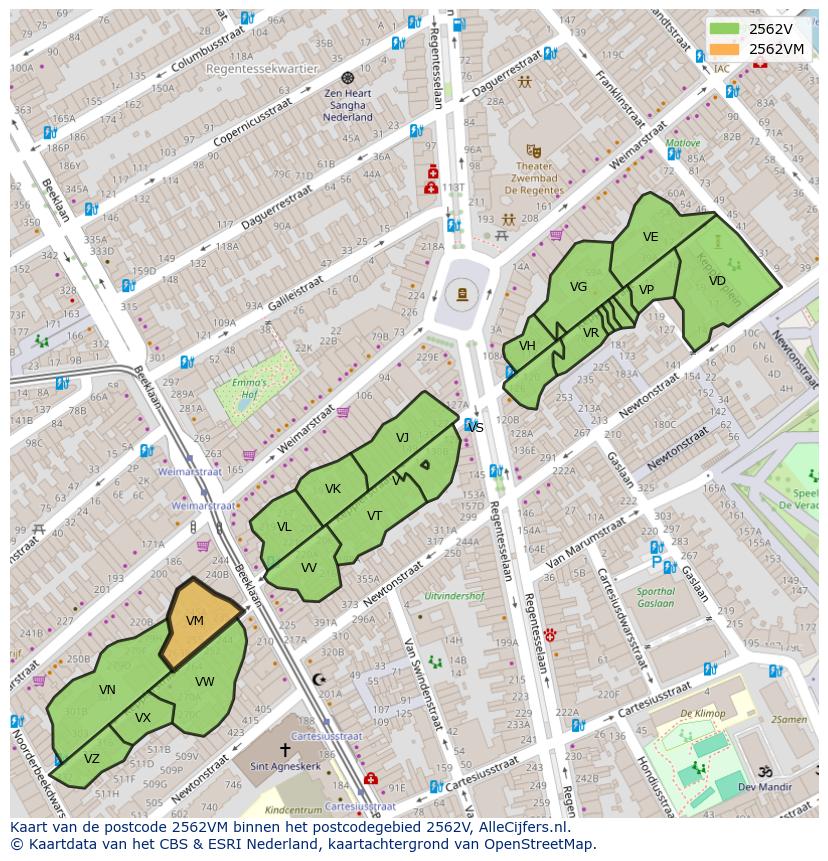 Afbeelding van het postcodegebied 2562 VM op de kaart.