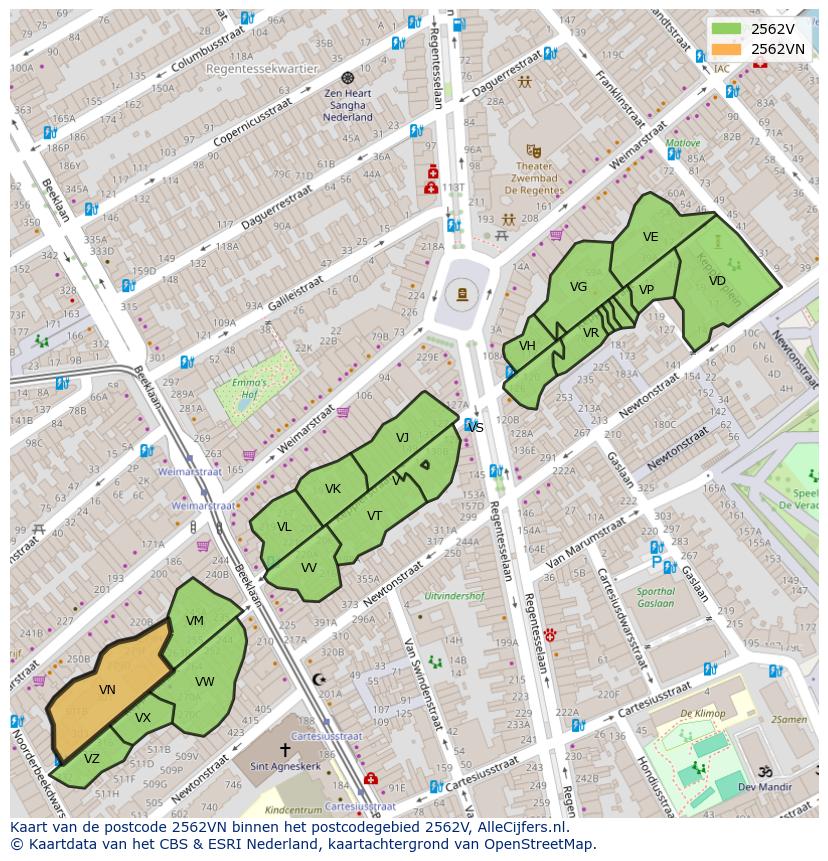 Afbeelding van het postcodegebied 2562 VN op de kaart.