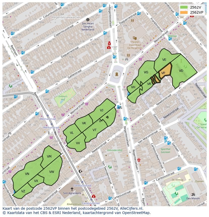 Afbeelding van het postcodegebied 2562 VP op de kaart.
