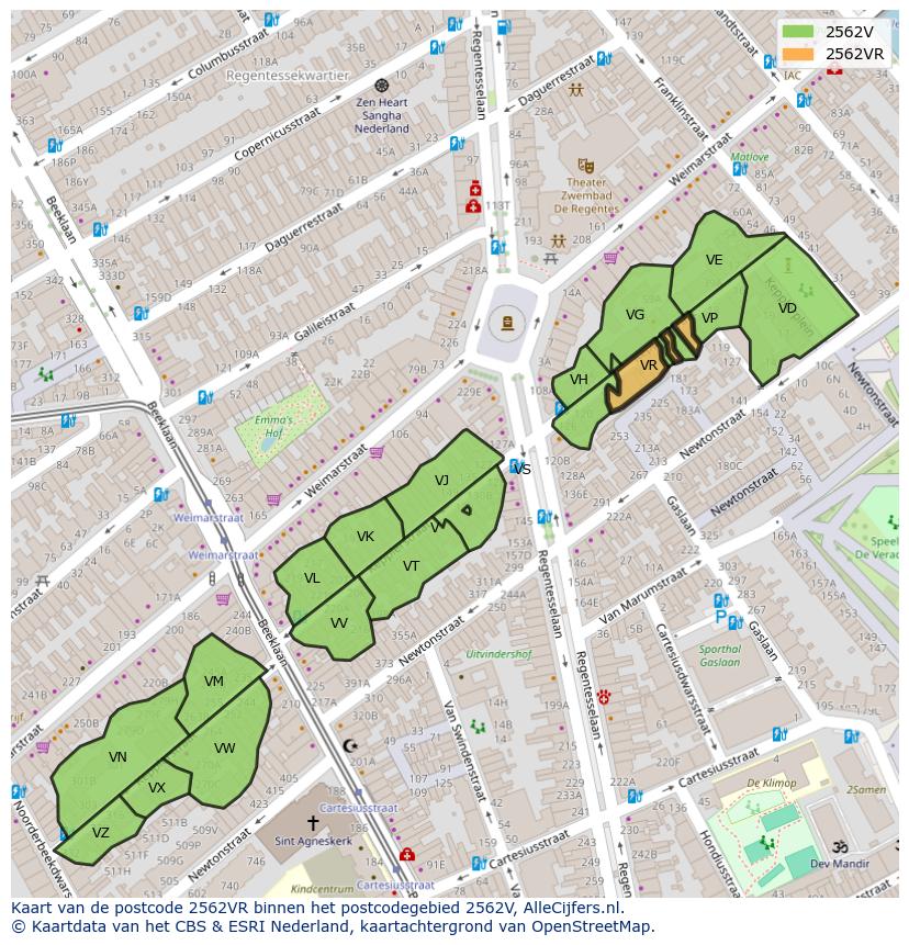 Afbeelding van het postcodegebied 2562 VR op de kaart.