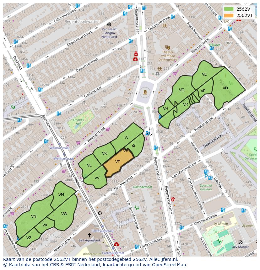 Afbeelding van het postcodegebied 2562 VT op de kaart.