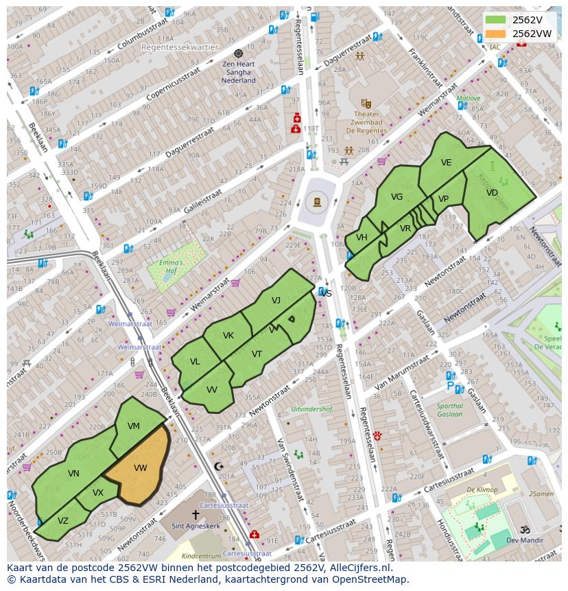 Afbeelding van het postcodegebied 2562 VW op de kaart.