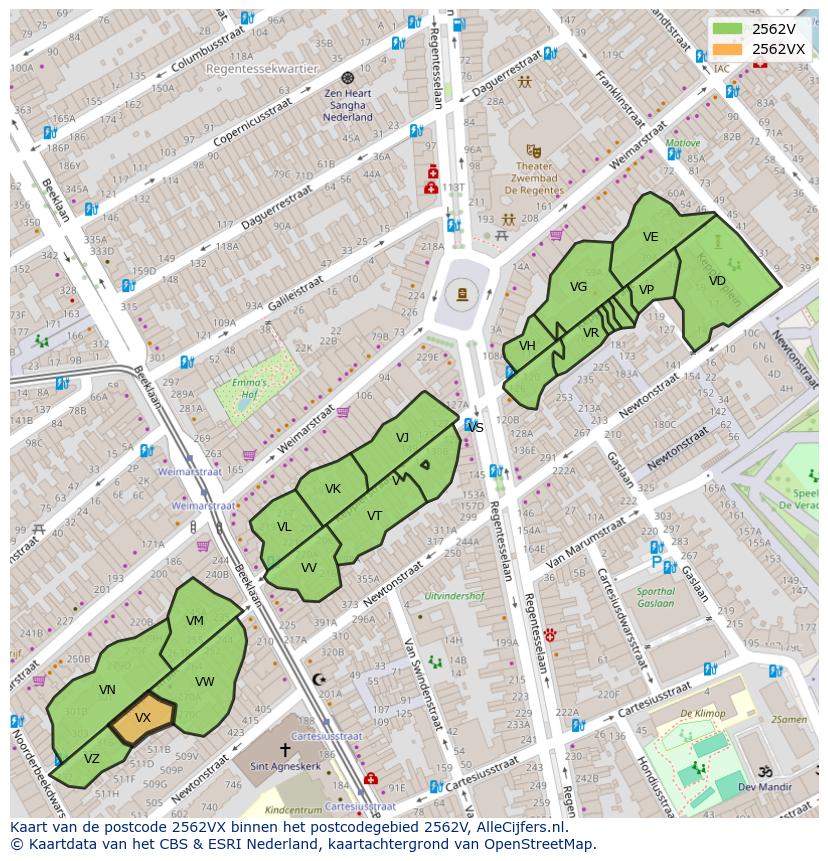 Afbeelding van het postcodegebied 2562 VX op de kaart.