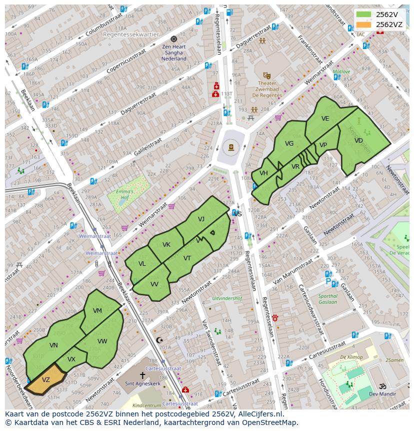 Afbeelding van het postcodegebied 2562 VZ op de kaart.