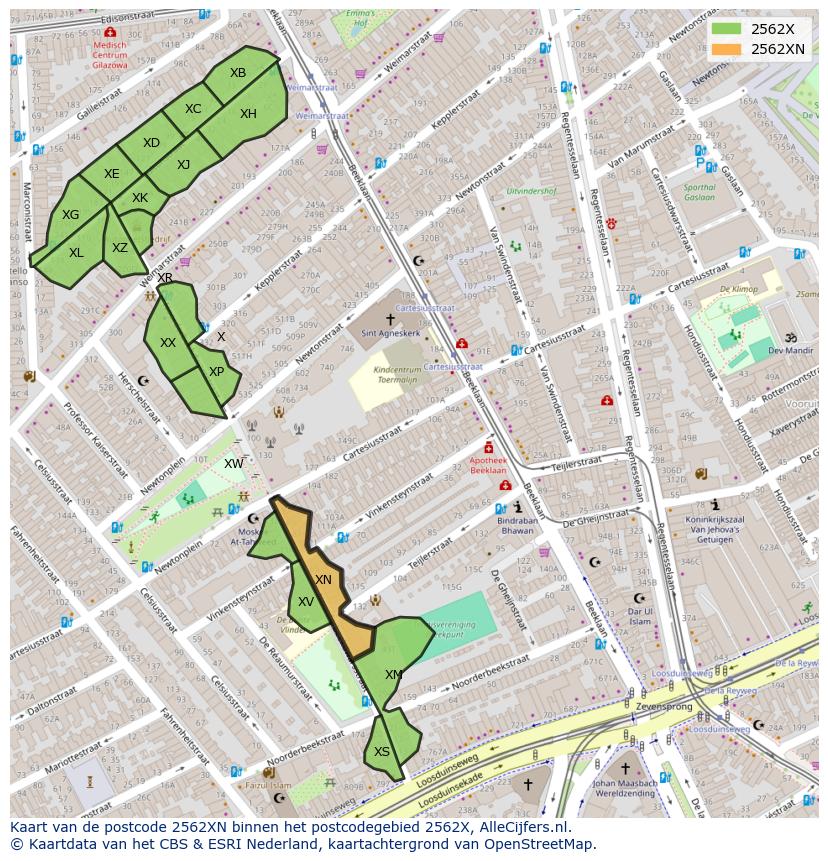 Afbeelding van het postcodegebied 2562 XN op de kaart.