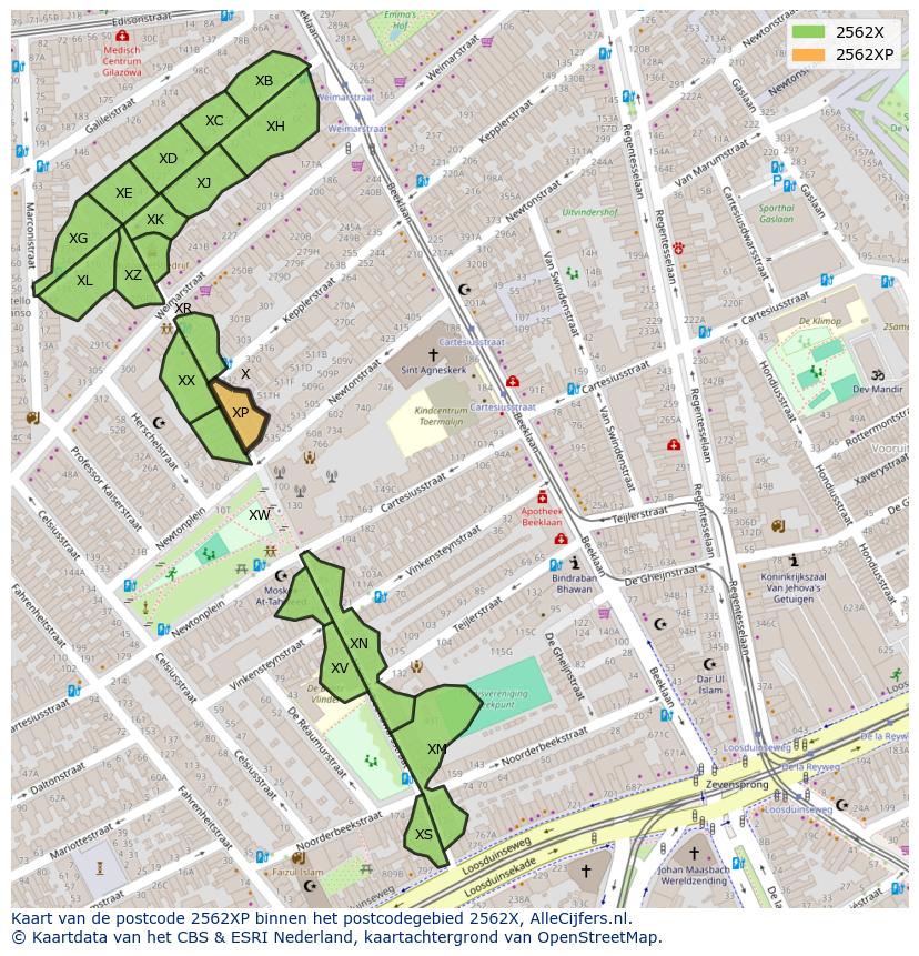 Afbeelding van het postcodegebied 2562 XP op de kaart.