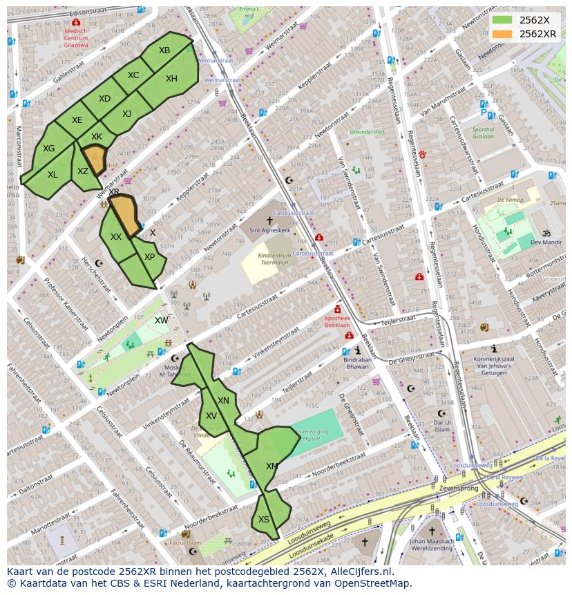 Afbeelding van het postcodegebied 2562 XR op de kaart.