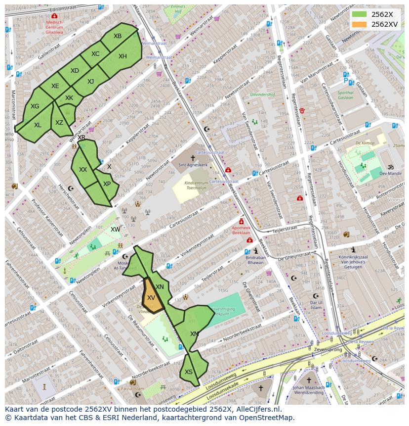 Afbeelding van het postcodegebied 2562 XV op de kaart.