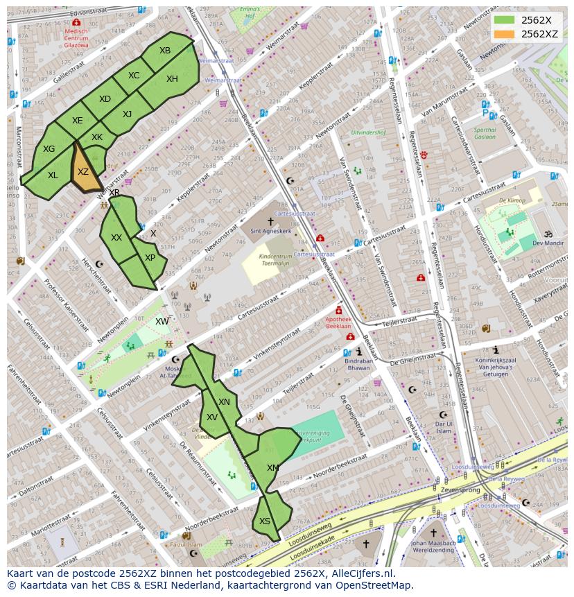 Afbeelding van het postcodegebied 2562 XZ op de kaart.