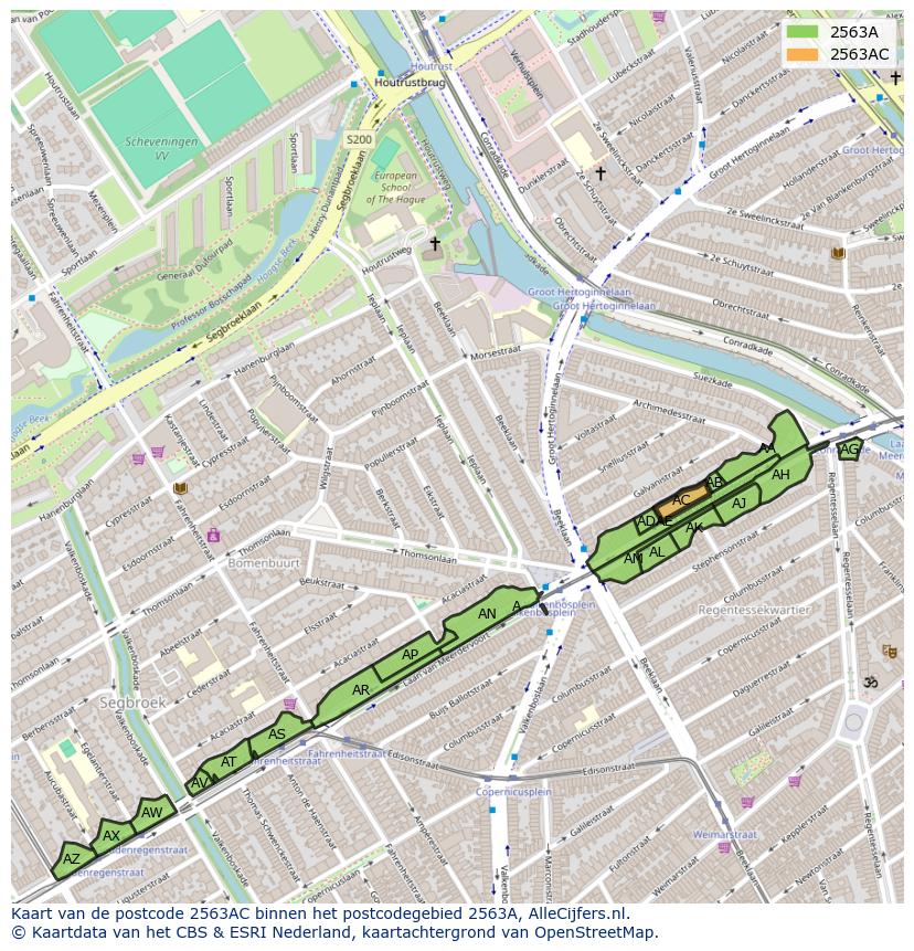Afbeelding van het postcodegebied 2563 AC op de kaart.