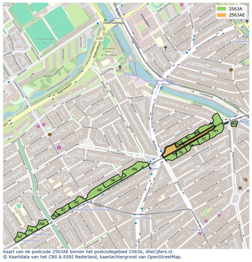 Afbeelding van het postcodegebied 2563 AE op de kaart.